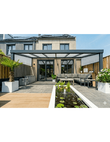 DP – SÉRIE 200.16 – Pergola alu adossée ultra robuste – Portée 6m sur 2 poteaux